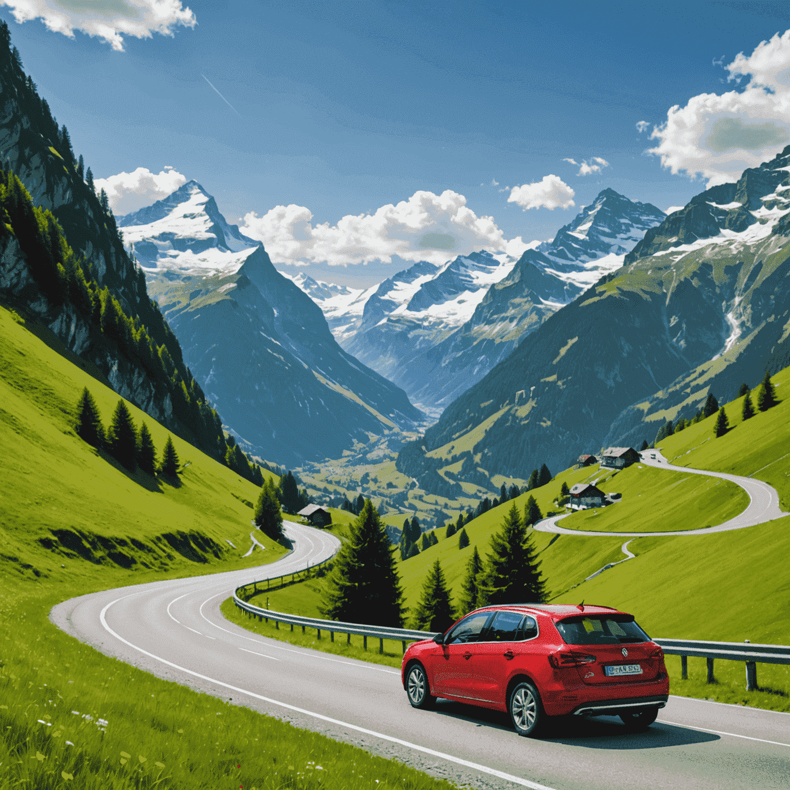 A scenic Swiss mountain road winding through lush green valleys, with snow-capped peaks in the background. The road is well-maintained and features clear signage. A red car is driving along the road, symbolizing the journey and adventure of exploring Swiss roads.