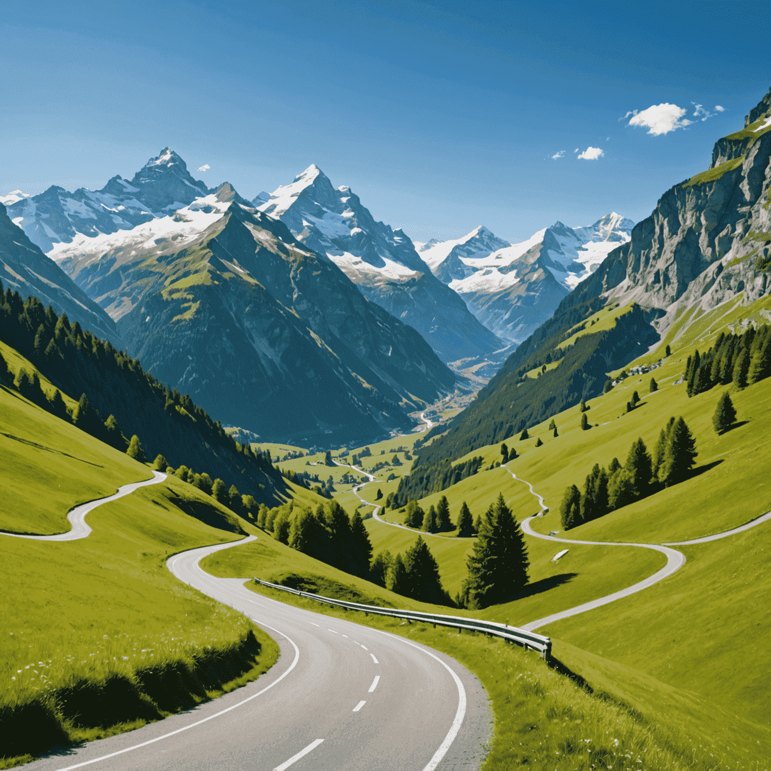 A winding road through the Swiss Alps with snow-capped peaks in the background, green meadows on the sides, and a clear blue sky