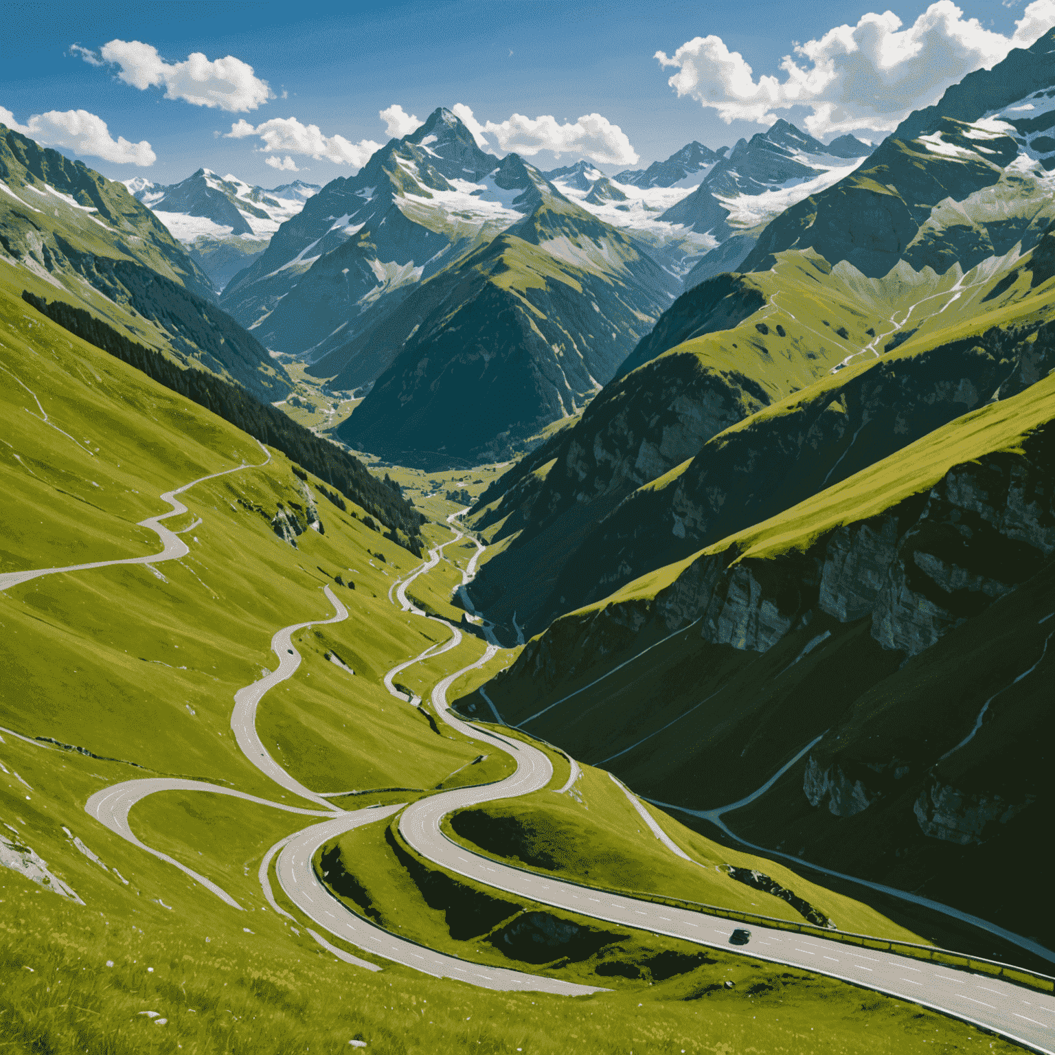 A winding road through the Swiss Alps, showcasing snow-capped peaks and lush green valleys. The Furka Pass is visible in the distance.