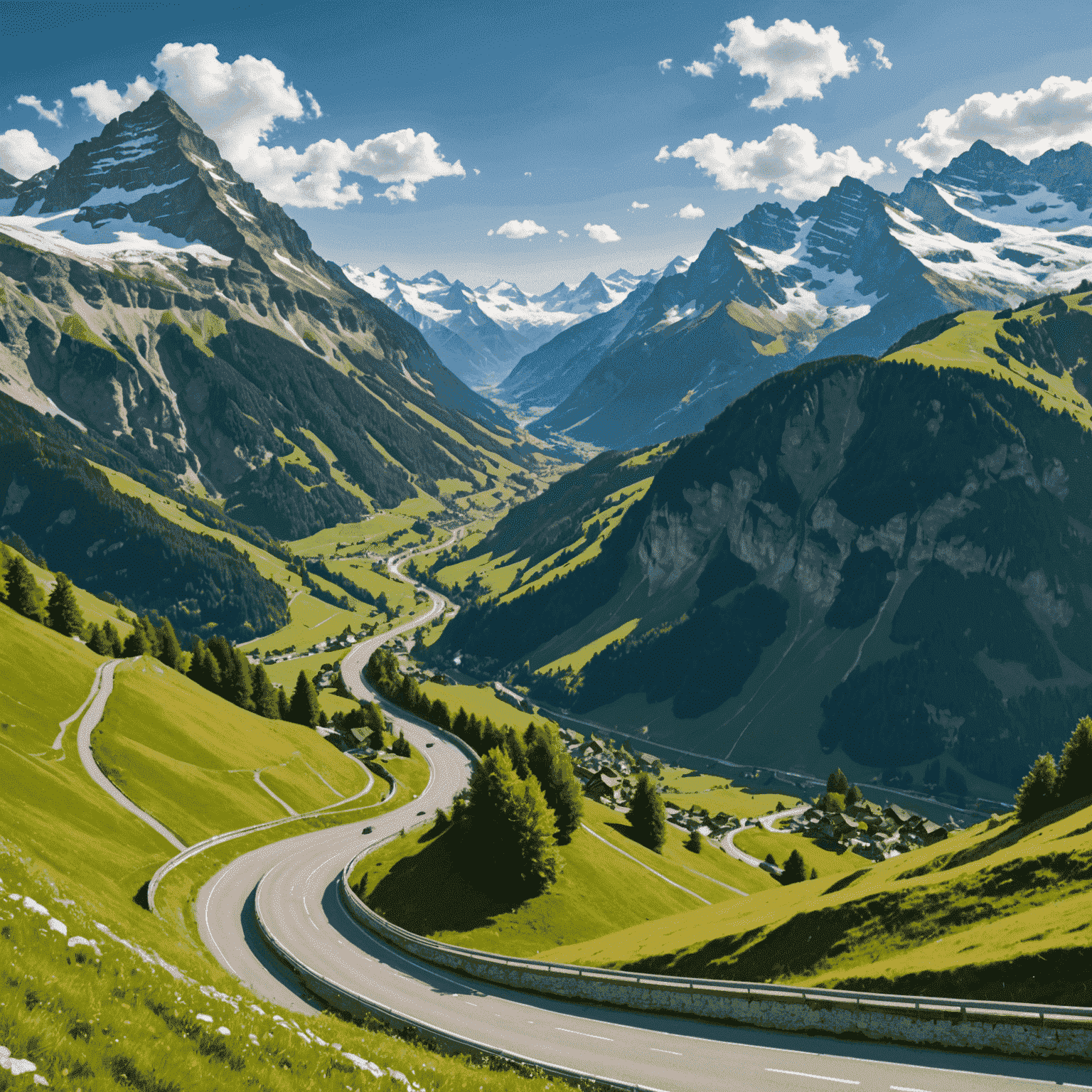 Panoramic view of a winding road through the Swiss Alps, with snow-capped peaks and lush green valleys