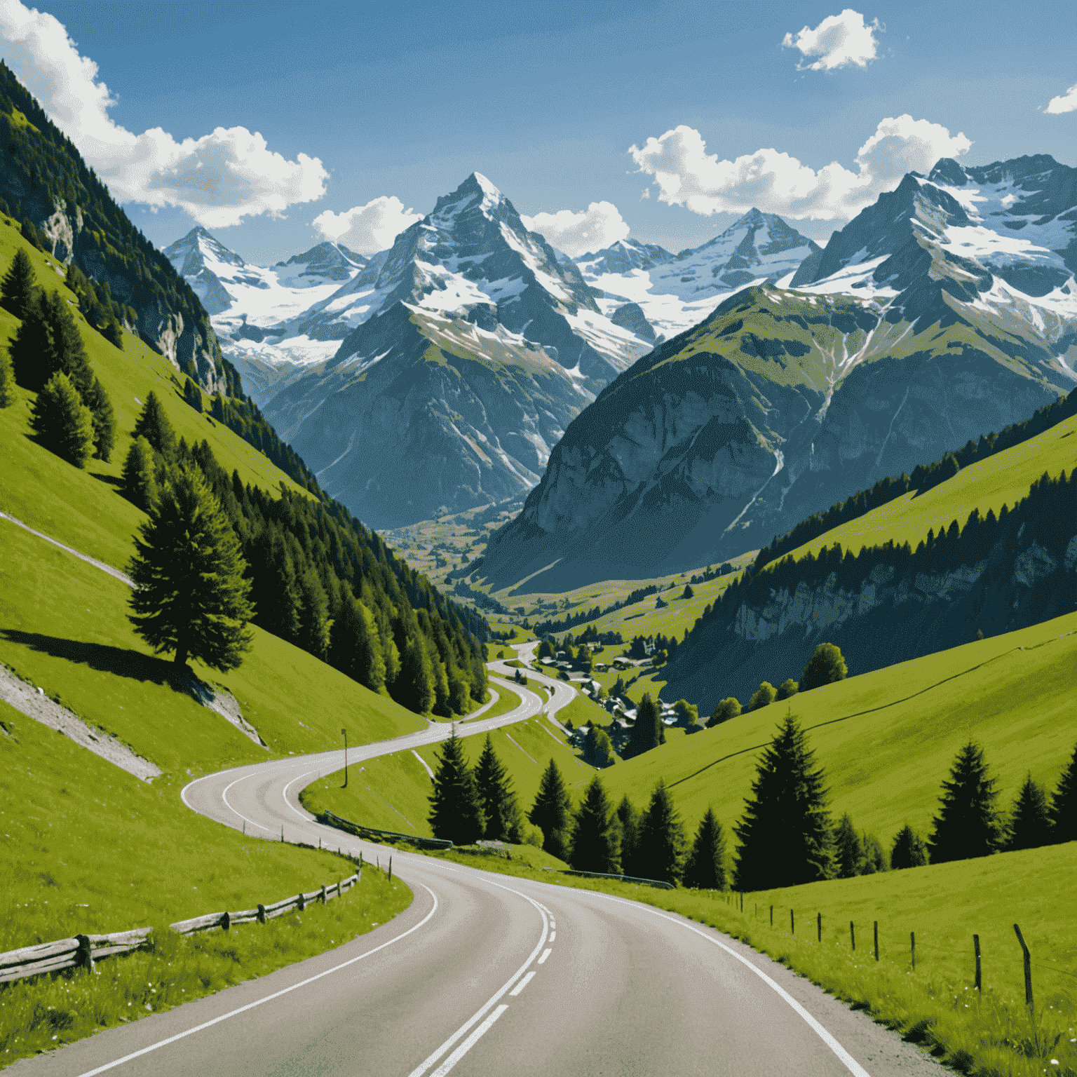 Scenic Swiss mountain road with a car driving through, snow-capped peaks in the background, and lush green meadows on both sides
