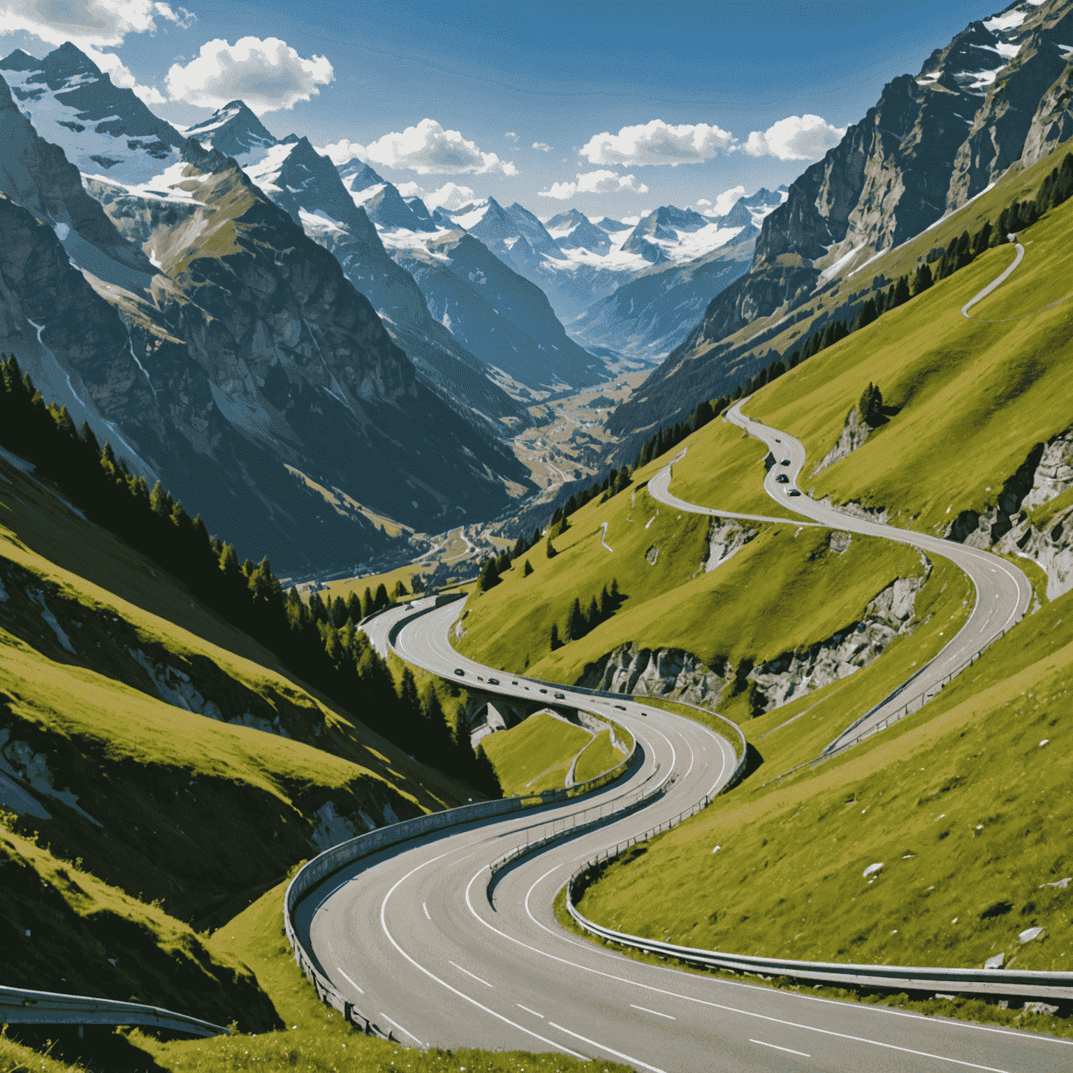 Scenic view of a winding mountain pass in the Swiss Alps with snow-capped peaks in the background