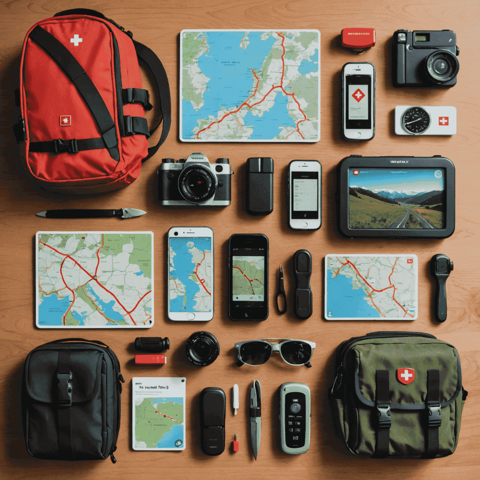 A collage of essential items for a Swiss road trip including a map, Swiss vignette sticker, GPS device, and a Swiss army knife