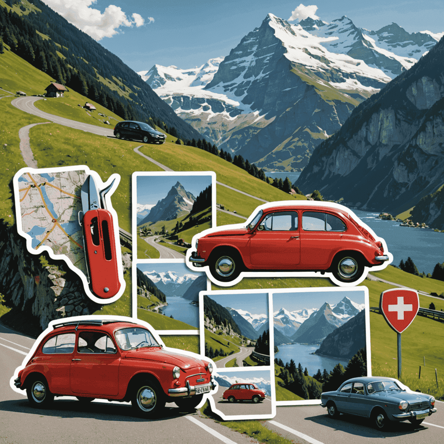 A collage of essential items for a Swiss road trip: a Swiss vignette sticker, a map of Switzerland, a Swiss army knife, and a car with mountains in the background.