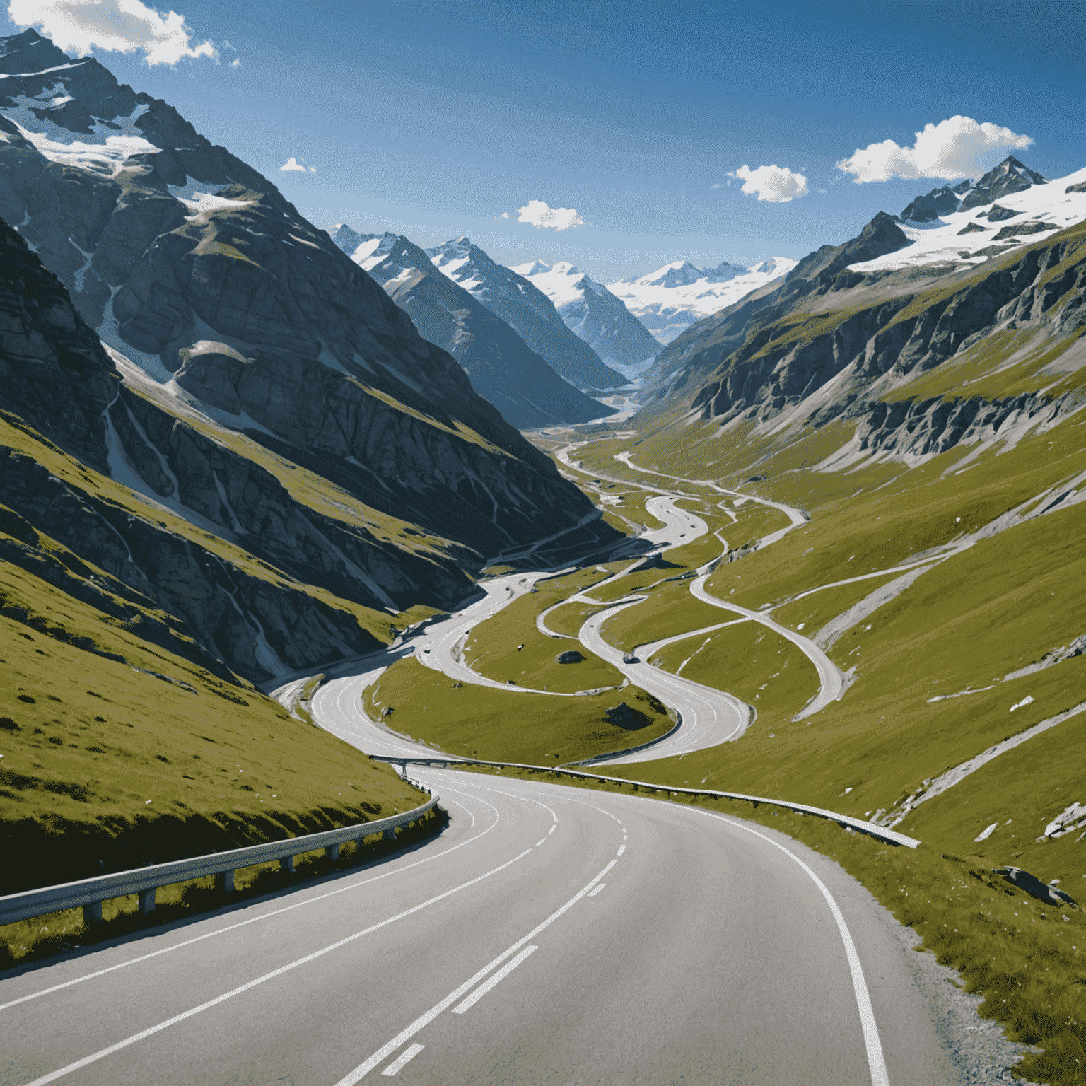 Furka Pass road with sharp turns and a view of the Rhône Glacier in the distance