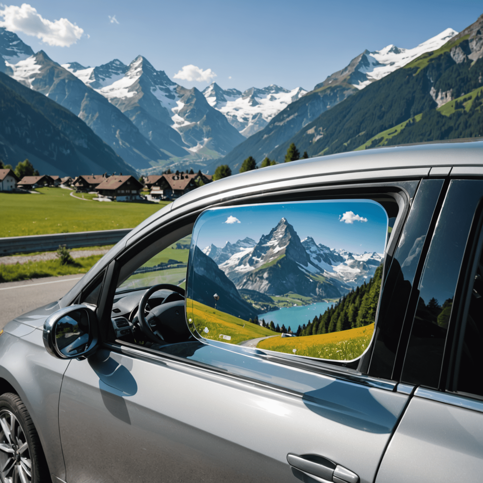 Close-up of a Swiss vignette sticker being applied to a car windshield, with Swiss Alps visible through the glass
