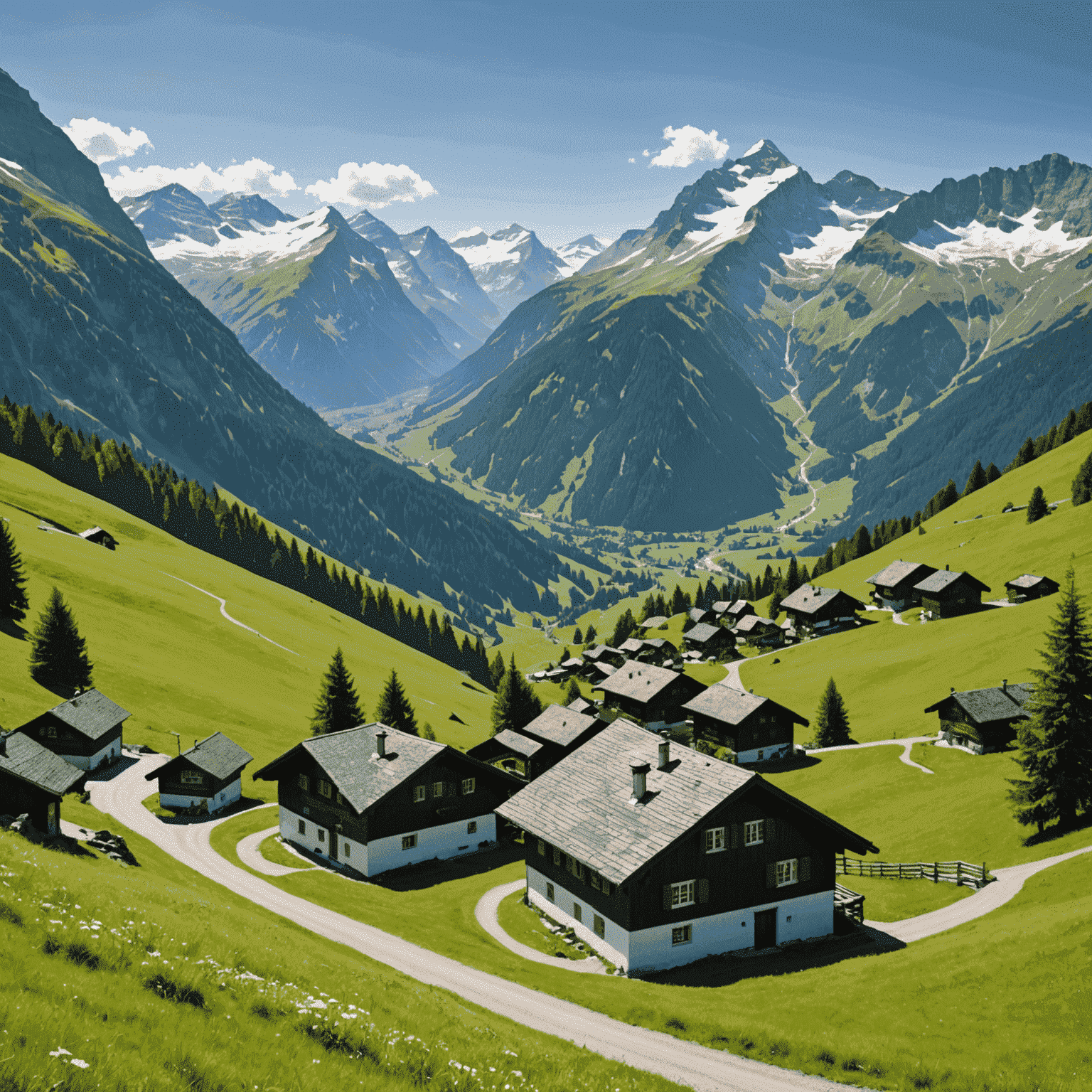 The Klausen Pass road snaking through green alpine meadows, with traditional Swiss chalets dotting the landscape and snow-capped mountains in the distance