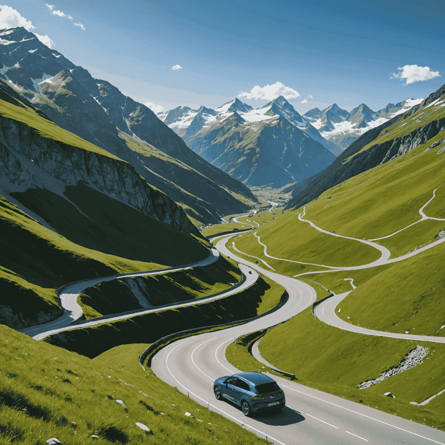A car driving on a winding road through the Furka Pass with lush green valleys and snow-capped mountains in the distance