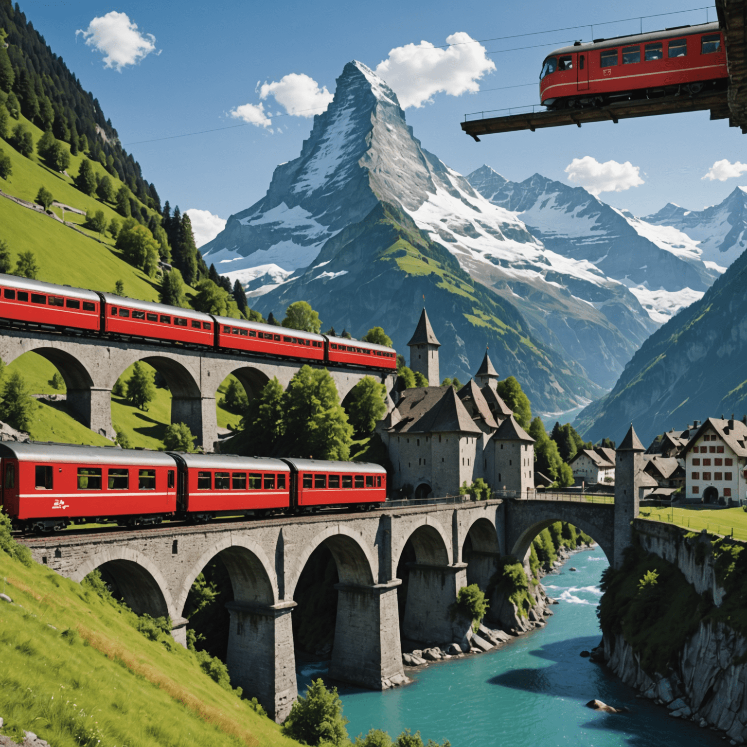 Collage of Swiss landmarks including the Matterhorn, Chillon Castle, and a red Swiss train crossing a viaduct in a mountainous landscape