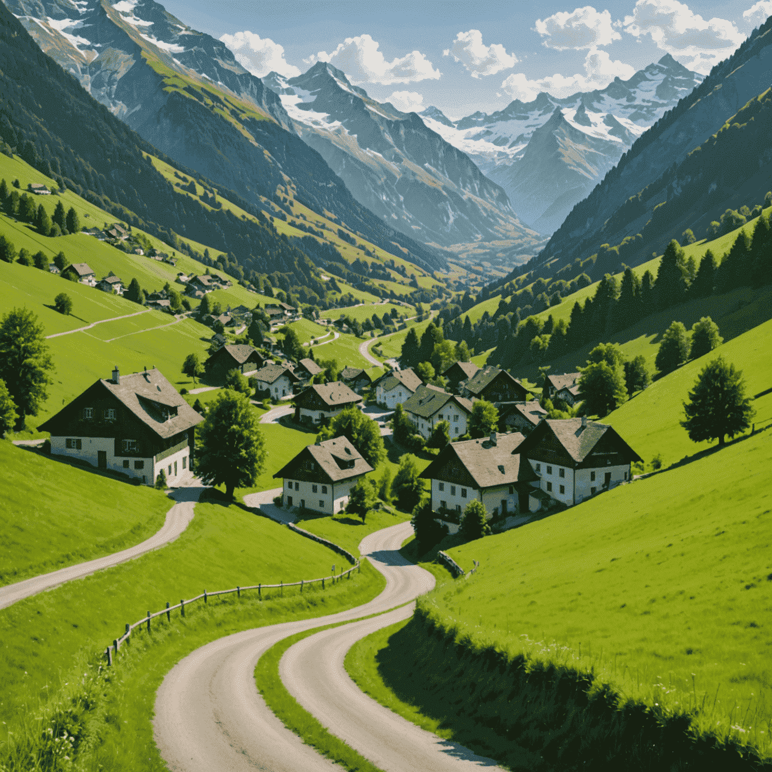 A serene, lesser-known Swiss country road winding through a lush green valley with a small village and mountains in the distance