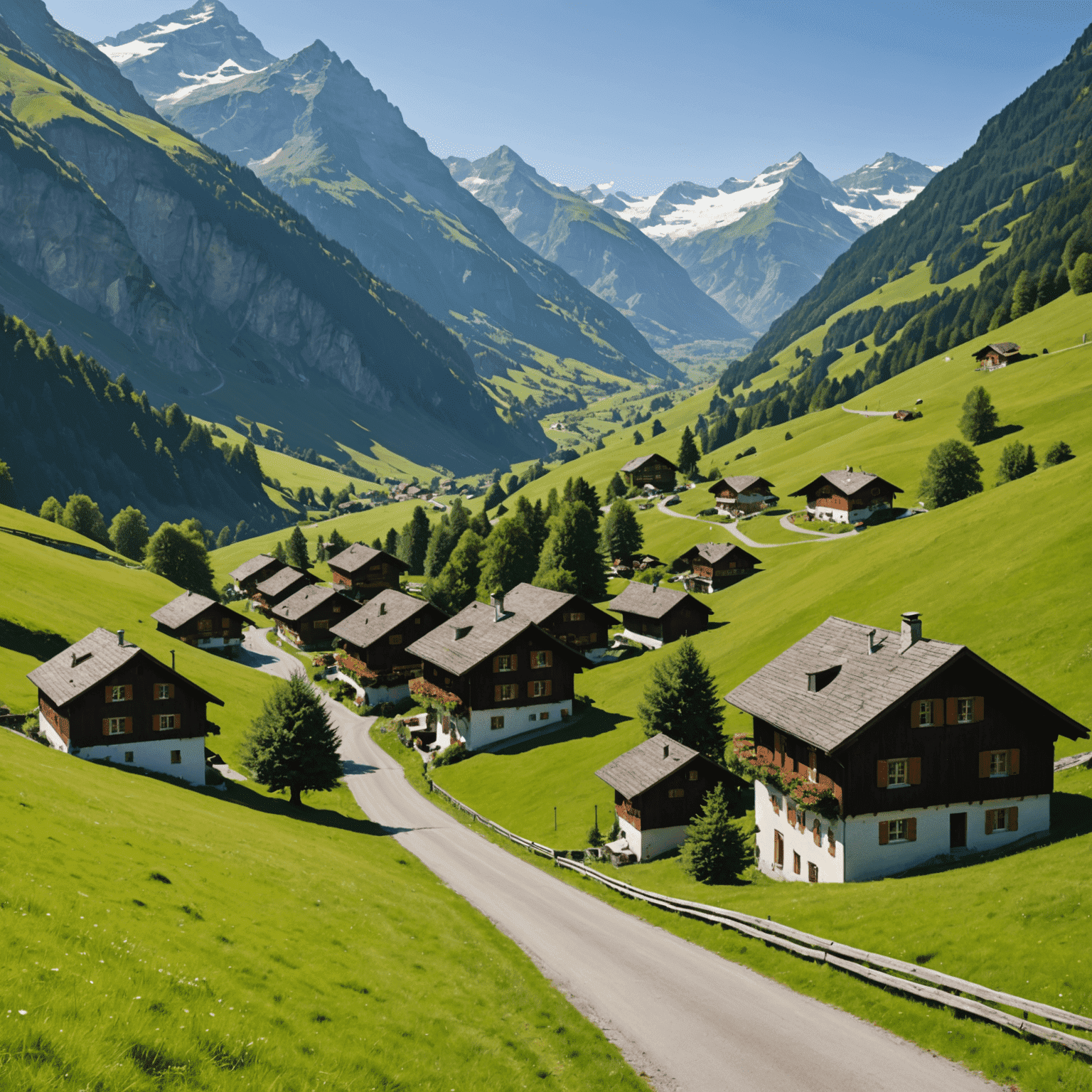 A serene, lesser-known Swiss country road winding through a picturesque valley with traditional Swiss chalets and grazing cows in the foreground.