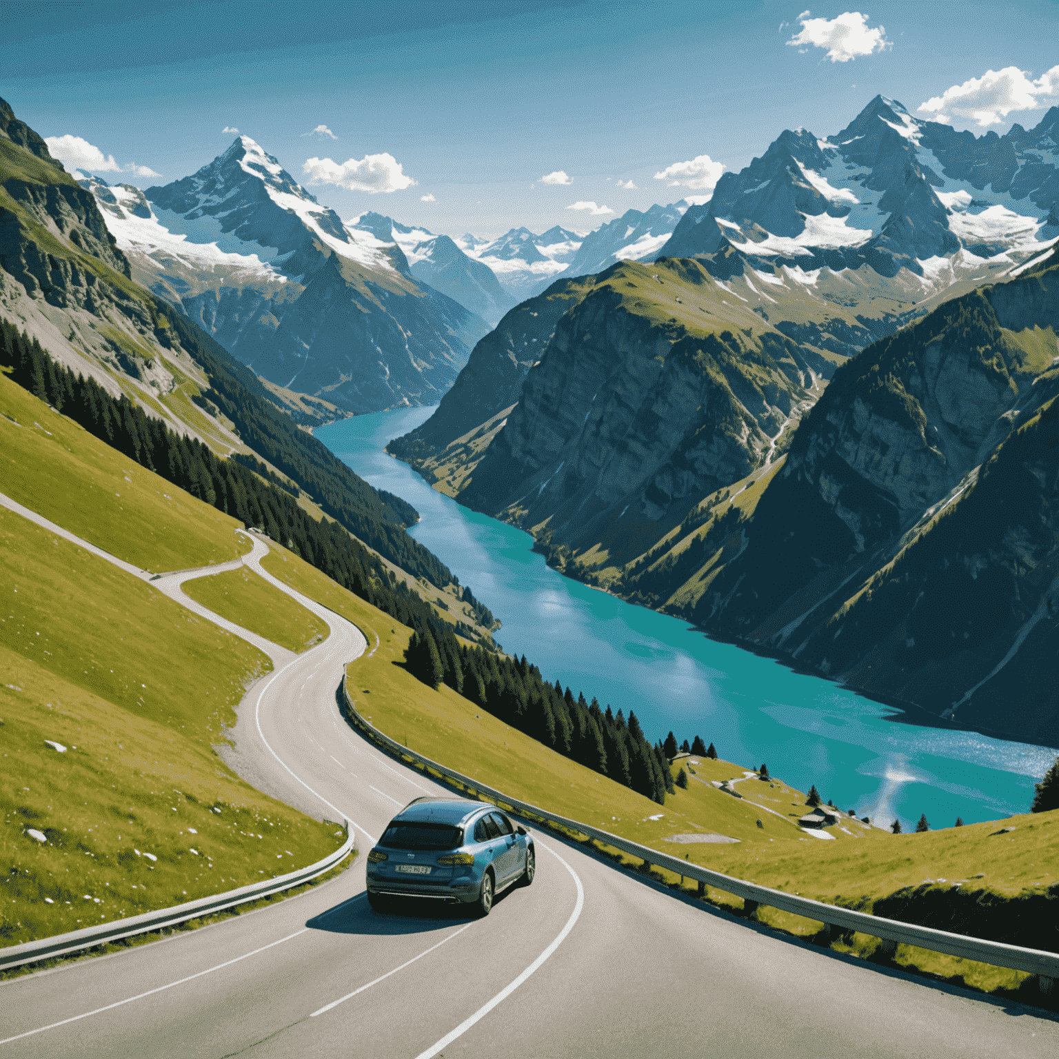 Panoramic view of a winding Swiss mountain pass with a car driving through, surrounded by snow-capped peaks, green valleys, and a crystal-clear alpine lake