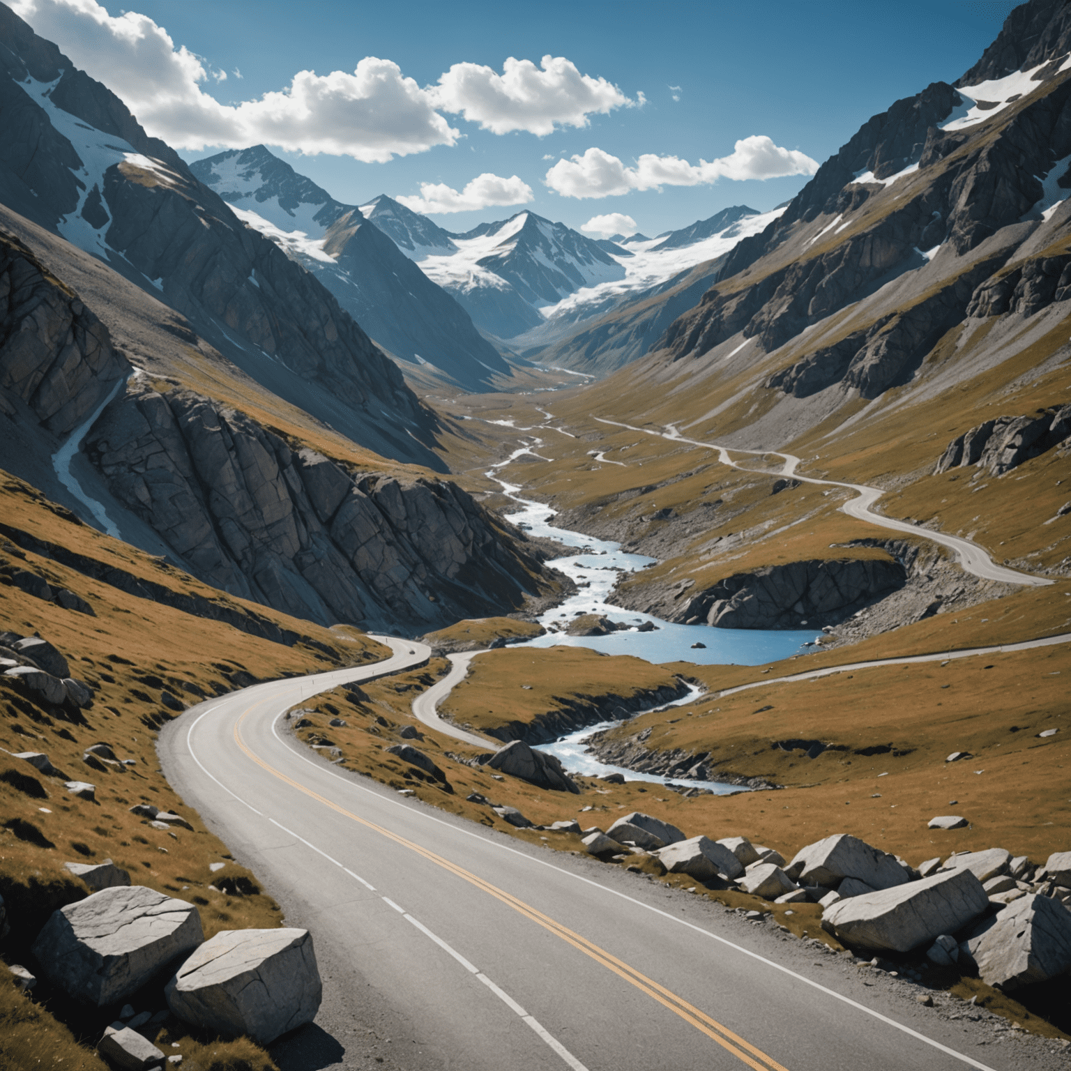 The Julier Pass road cutting through a stark, rocky landscape with glimpses of blue alpine lakes and distant snow-covered peaks