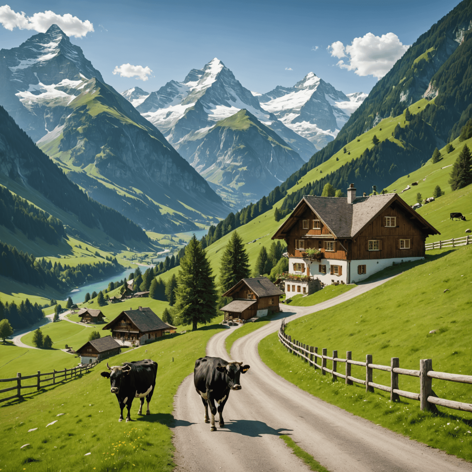A scenic road winding through green pastures with grazing cows, and a traditional Swiss chalet in the foreground with mountains in the distance