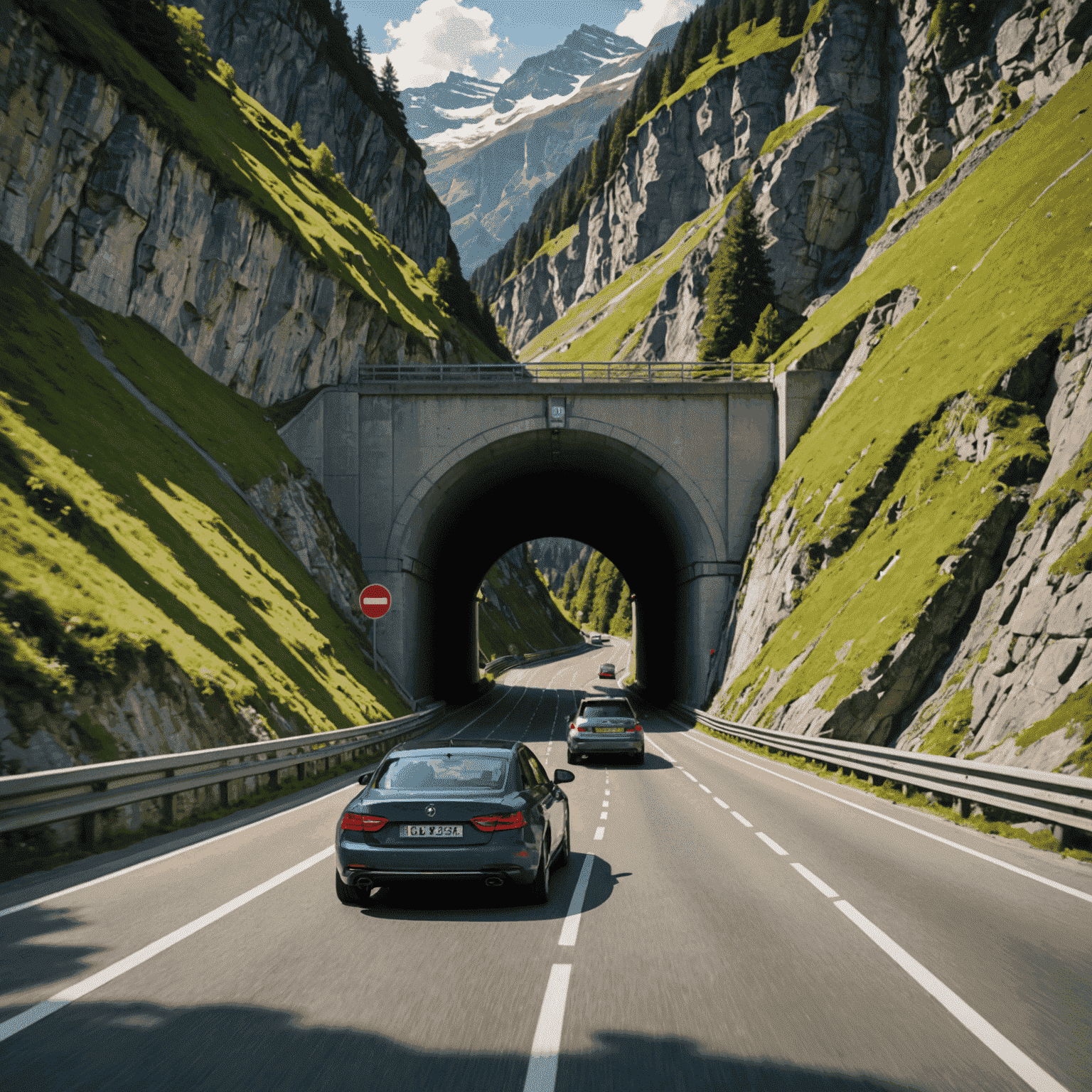 A split image showing a car entering a well-lit Swiss tunnel on one side and a car navigating a steep mountain pass with safety barriers on the other.