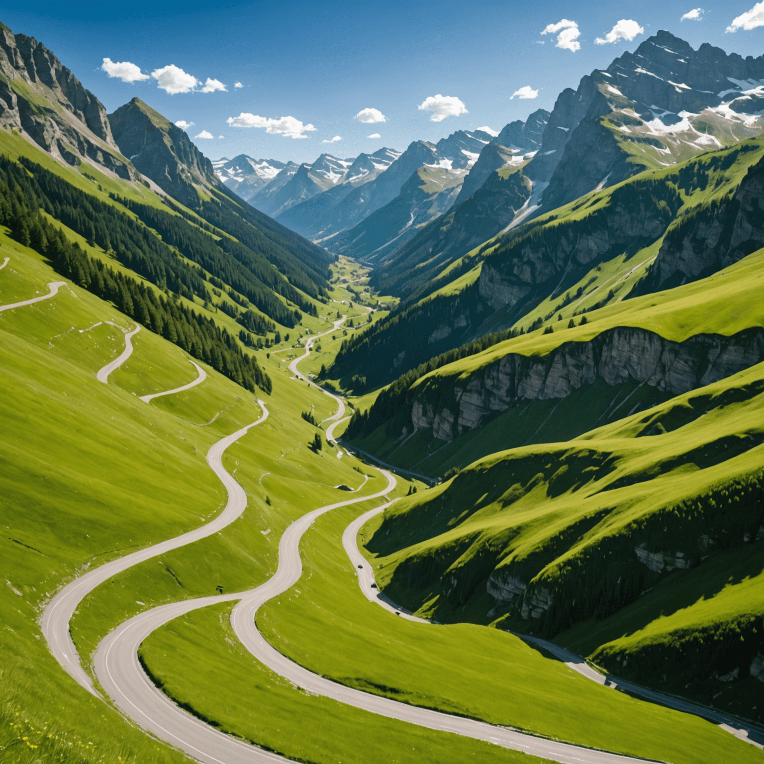 Winding road of Klausen Pass with green alpine meadows and rocky peaks