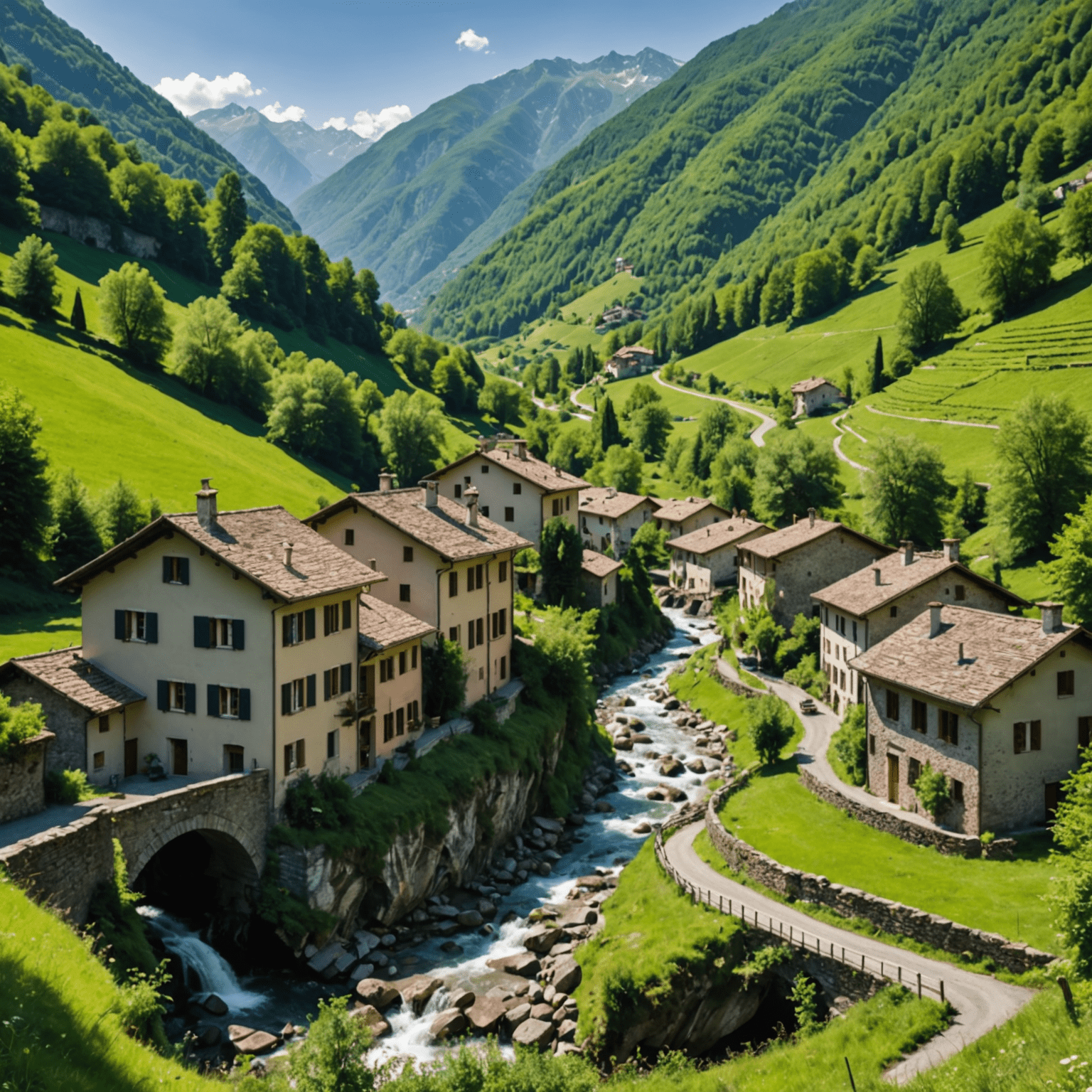 The Centovalli Road winding through a lush, green valley with glimpses of small waterfalls and traditional Ticino-style stone houses