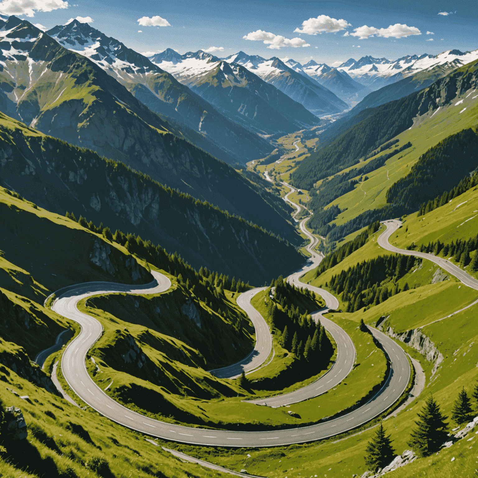 A series of hairpin turns on a mountain pass road, with snow-capped peaks visible in the distance and lush green valleys below