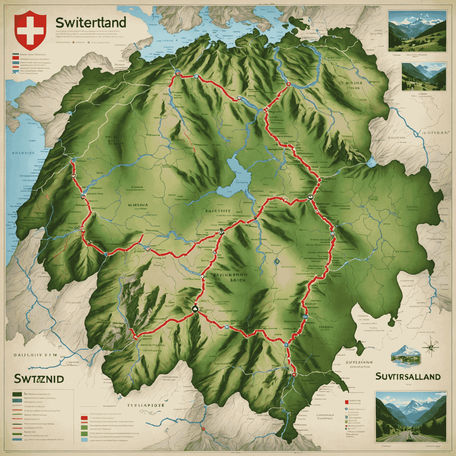 A map of Switzerland with various highlighted routes, each a different color, showcasing diverse road trip itineraries across the country.