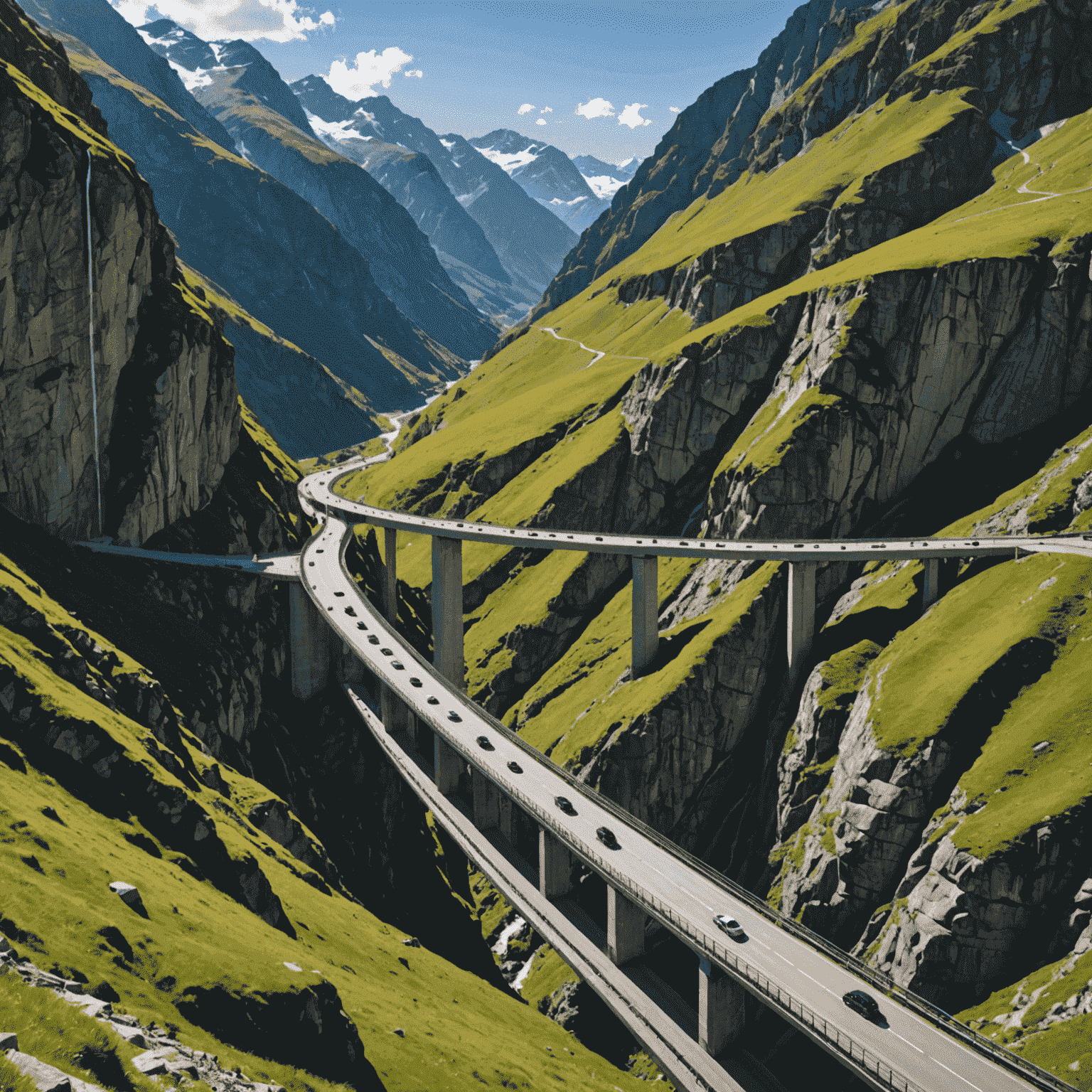 Susten Pass road with a dramatic bridge spanning a deep gorge, surrounded by alpine scenery