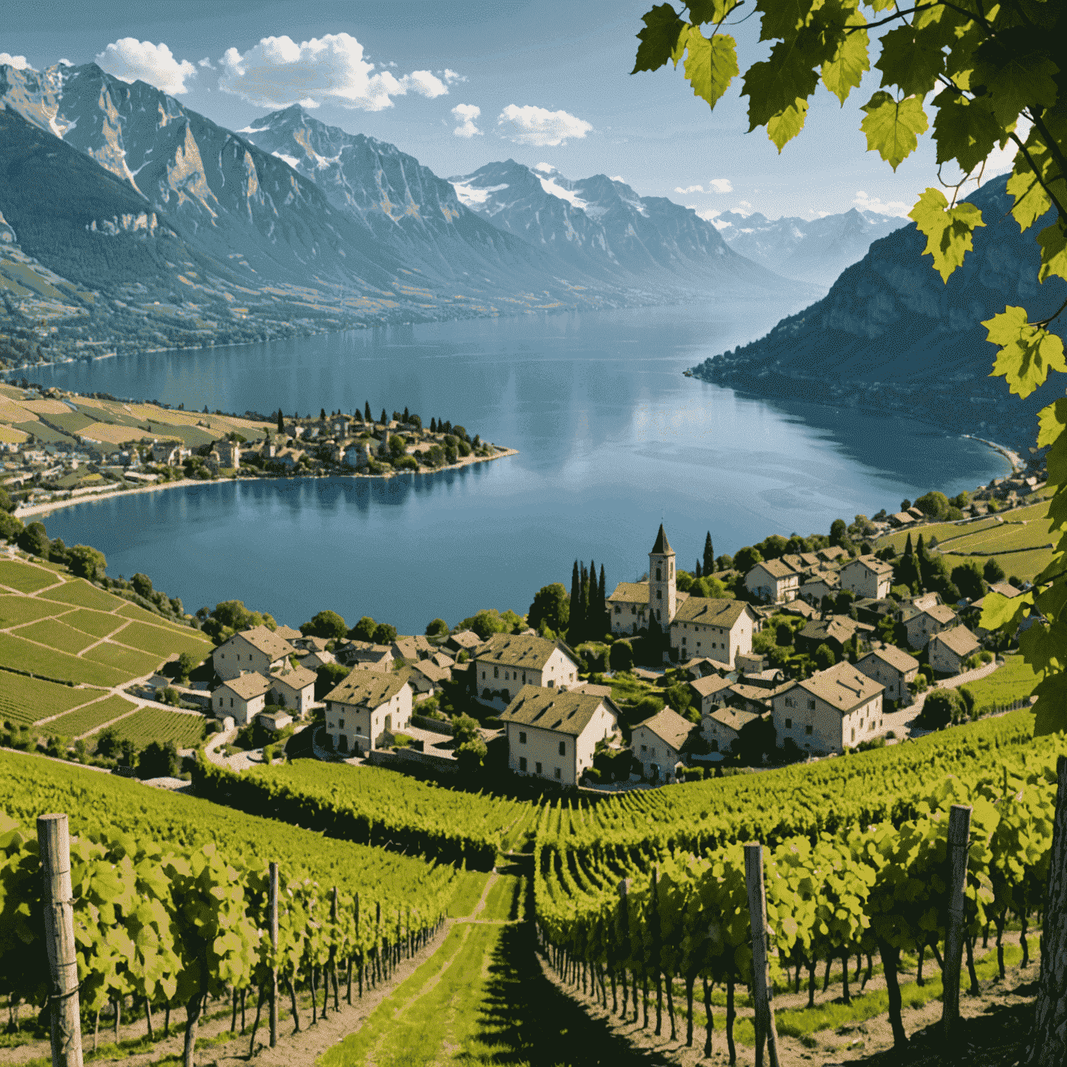 Terraced vineyards overlooking Lake Geneva with the Alps in the background, and a small village nestled among the vines