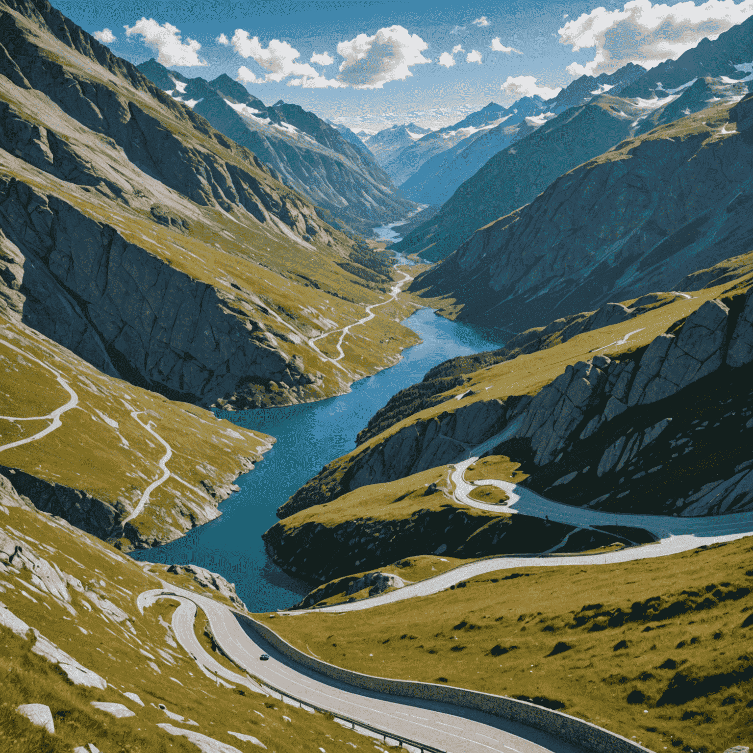 Grimsel Pass with its distinctive reservoir lakes, granite landscape, and winding road